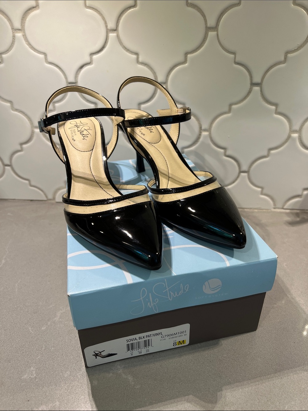 Life Stride Black Patent Pointed-Toe Ankle-Strap Heels